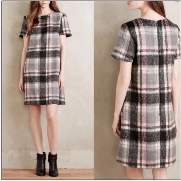 ANTHROPOLOGIE Line & Dot Frontier Brushed Wool Plaid Dress Medium - Picture 2 of 11